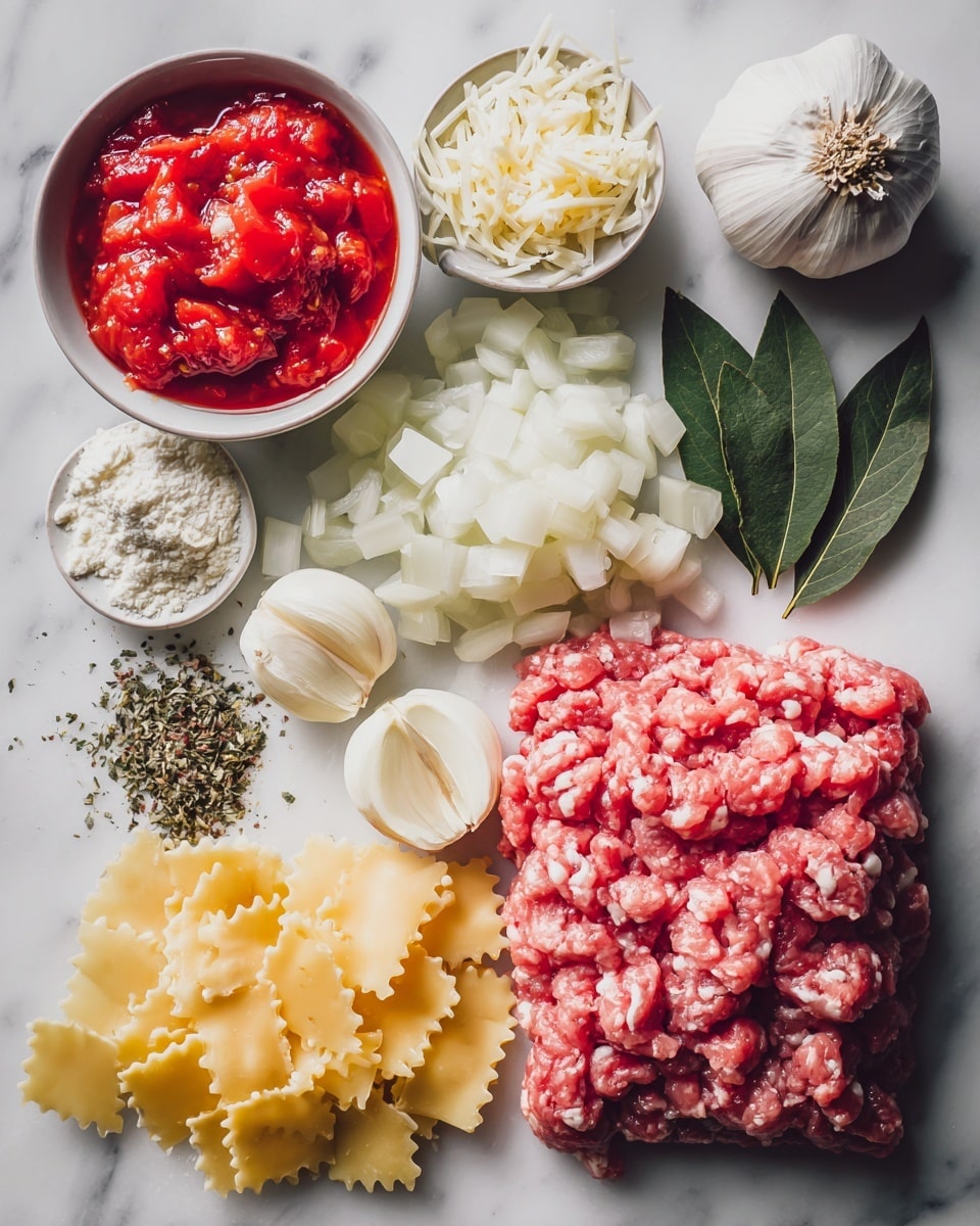 Lasagna Soup - Flat lay of fresh Italian sausage in raw ground form with a rich pink and white marbled texture, a medium white onion diced into small translucent pieces, several cloves of peeled garlic showing their smooth, creamy white surfaces, two cans of bright red diced tomatoes spilling softly with glistening juice, a small heap of dried Italian seasoning herbs with green and brown flecks, fresh glossy bay leaves with deep green color, broken pieces of pale golden lasagna pasta showing rough edges, and three types of cheese: a soft, creamy white mound of ricotta cheese, a pile of shredded mozzarella with soft white strands, and finely grated Parmesan cheese with a crumbly texture and light yellow hue, all arranged naturally and aesthetically scattered with some overlapping, placed on white marbled surface, photo taken with an iphone --ar 2:3 --v 7