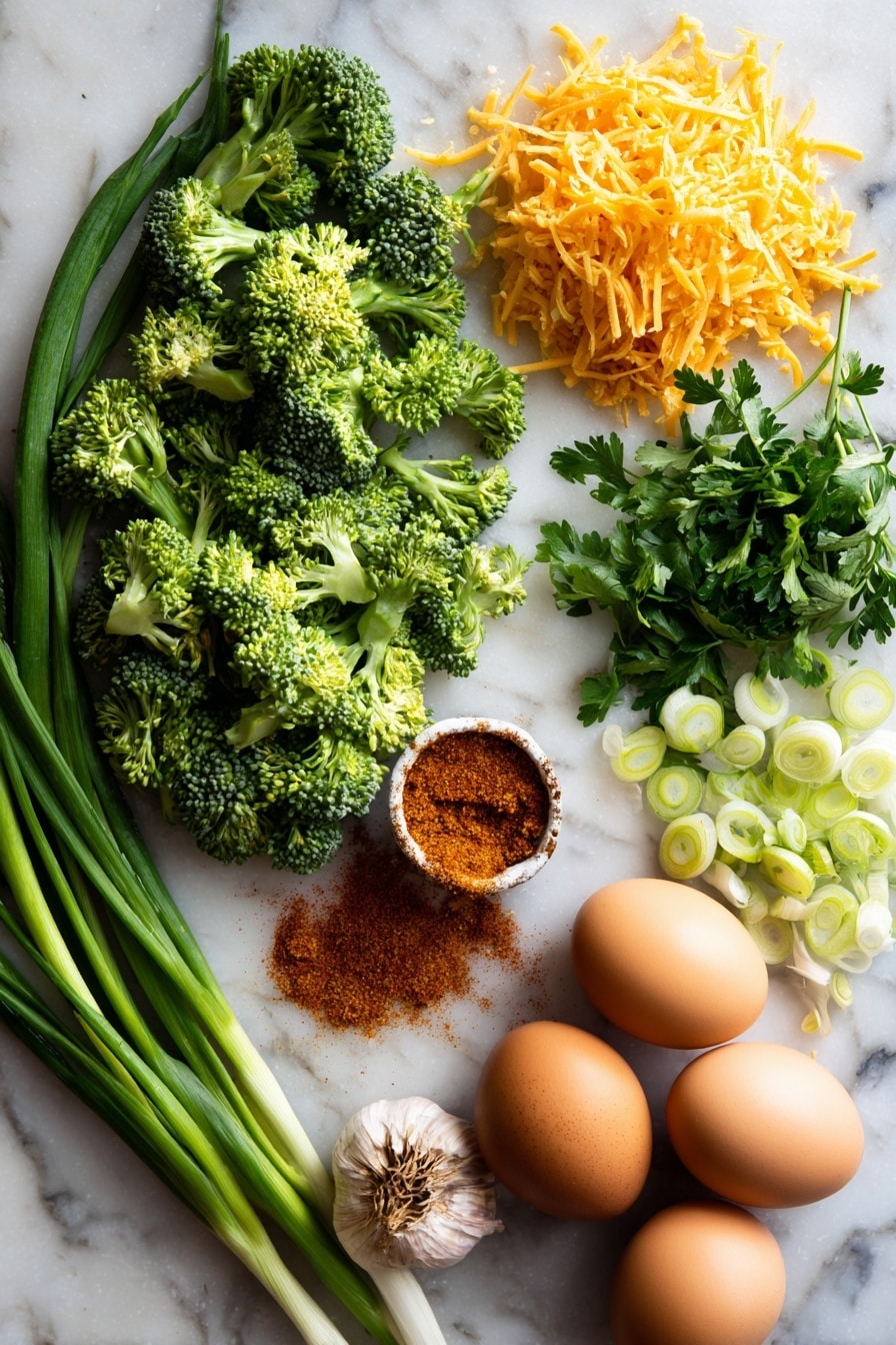 Flat lay of bright green chopped broccoli florets, thinly sliced scallions with their white and green parts visible, a small pile of shredded sharp cheddar cheese with a rich orange hue, whole fresh parsley sprigs with vibrant leaves, two garlic cloves with papery skins partially peeled, a scattering of smoked paprika powder in a small mound, and three whole brown eggs arranged neatly, placed on a white marble surface, photo taken with an iphone --ar 2:3 --v 7