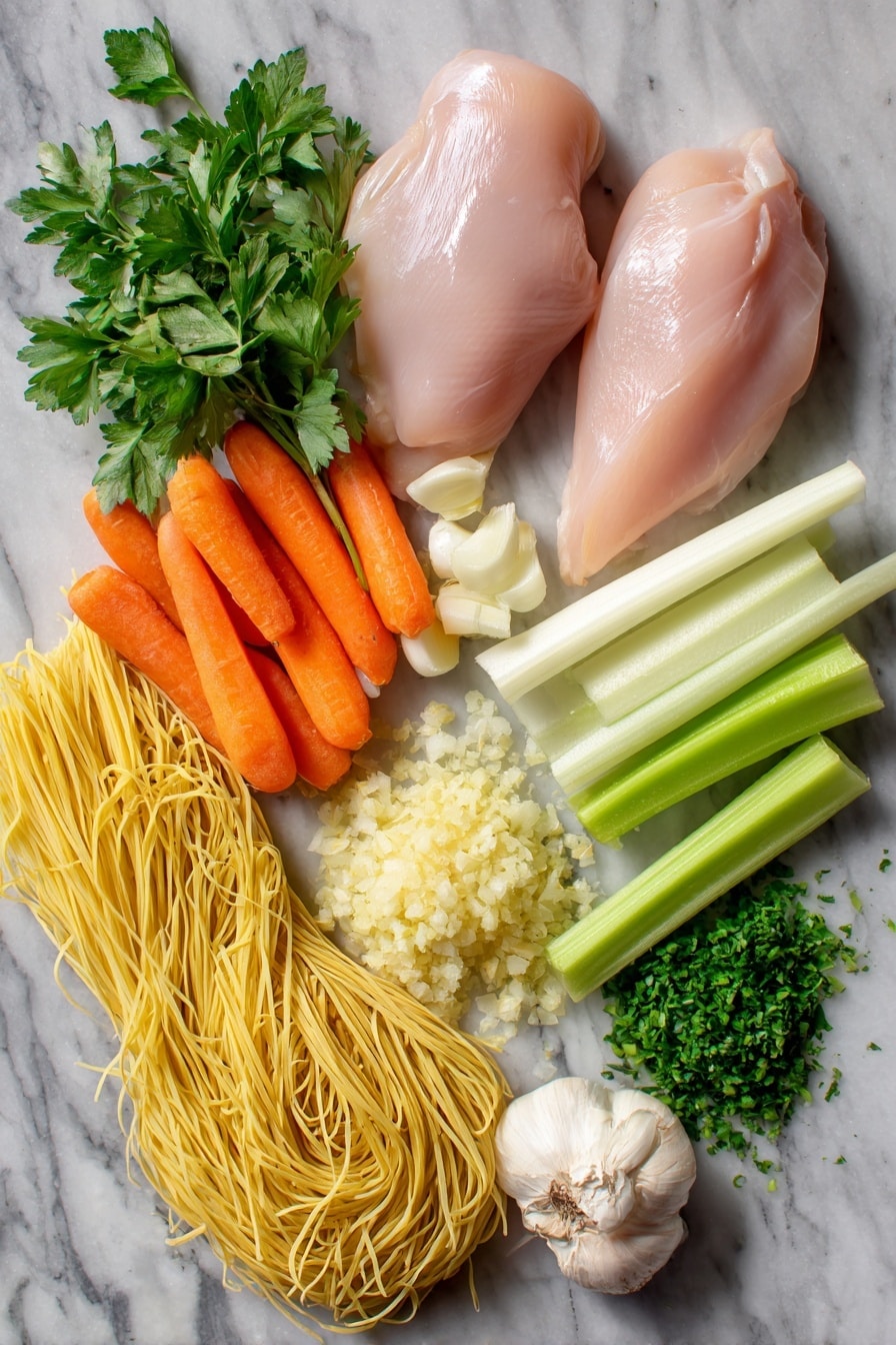 Flat lay of two raw boneless skinless chicken breasts with a light pink and smooth texture, three fresh medium carrots sliced into bright orange rounds, four celery ribs cut into crisp pale green stalks, one medium white onion diced showing its clean white layers, a small pile of freshly grated ginger with pale yellow fibrous strands, a heap of minced garlic cloves shining white and moist, a bunch of vibrant green fresh parsley leaves with delicate texture, and a nest of uncooked yellow egg noodles with a slightly rough surface, all beautifully arranged in a natural, slightly scattered way placed on white marbled surface, photo taken with an iphone --ar 2:3 --v 7