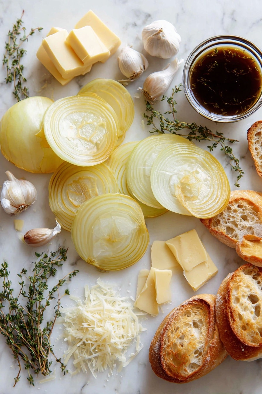 Flat lay of golden sliced yellow onions with their translucent layers shining softly, whole garlic cloves with papery white skins and some minced garlic scattered delicately, glossy sticks of pale butter, fresh sprigs of dried thyme with tiny green leaves, rich dark beef broth in a small glass container catching the light, crusty French baguette slices with a warm golden crust and a textured crumb, smooth pale yellow slices of Gruyère cheese slightly curled at the edges, and fine shreds of snowy white Parmesan cheese sprinkled artistically, all arranged naturally with a balance of colors and textures, placed on white marbled surface, photo taken with an iphone --ar 2:3 --v 7