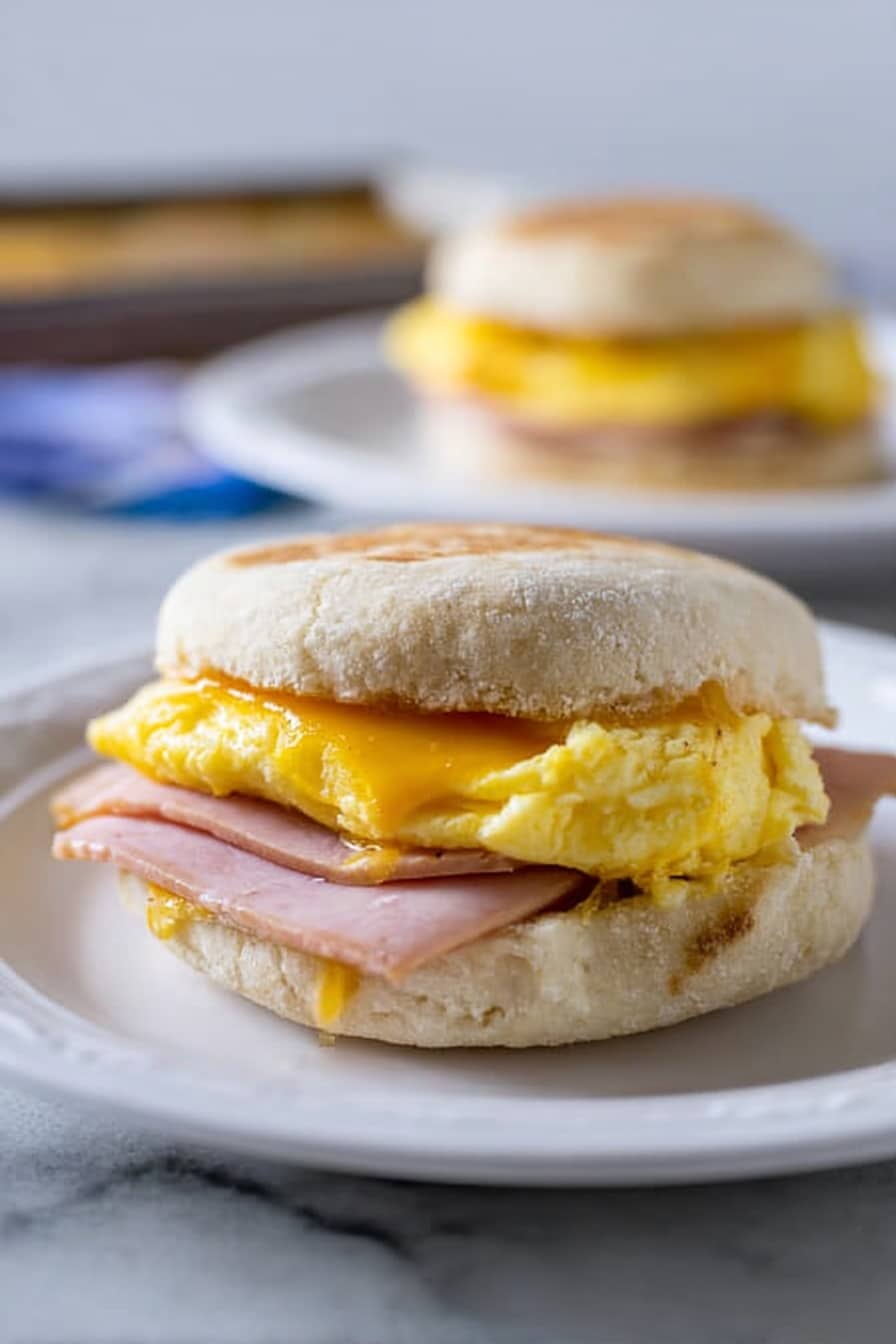 A sandwich on a white plate sits on a white marbled surface, showing three visible layers. The bottom layer is a light golden brown English muffin with a soft, slightly rough texture. On top of that is a thick, fluffy, bright yellow folded egg layer with some slight browning on the edges. Above the egg is a slice of pale pink ham, smooth and round, then topped by another piece of the English muffin that looks soft and slightly toasted. Another white plate with the same sandwich is out of focus in the background. photo taken with an iphone --ar 2:3 --v 7