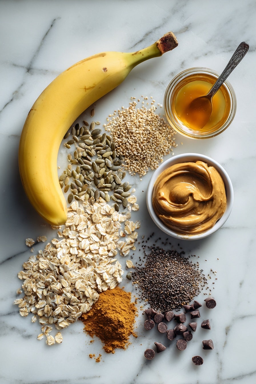 Flat lay of a ripe medium banana, a generous pile of traditional rolled oats, a small heap of mixed sunflower, pumpkin, and flax seeds, a tablespoon of tiny chia seeds, a smooth swirl of natural runny peanut butter, a drizzle of golden honey, a scattering of cinnamon powder, and a few mini dark chocolate chips artfully sprinkled, placed on a white marble surface, photo taken with an iphone --ar 2:3 --v 7