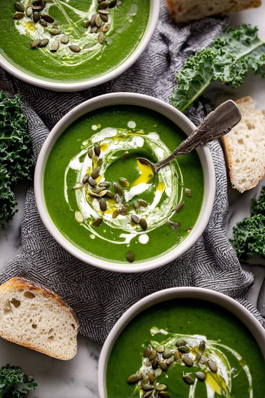 Green Goddess Soup - The image shows a bowl of thick green soup with a creamy white swirl on top, creating a soft contrast in color and texture. In the center, a piece of light, soft bread is being dipped into the soup by a woman's hand. The soup looks smooth with tiny bits visible and some small seeds or grains sprinkled on the surface. The bowl is white, placed on a white marbled surface, and in the background, there is another similar bowl with soup, slightly out of focus. The whole picture is lit softly, emphasizing the fresh green color of the soup and the texture of the bread. Photo taken with an iphone --ar 2:3 --v 7