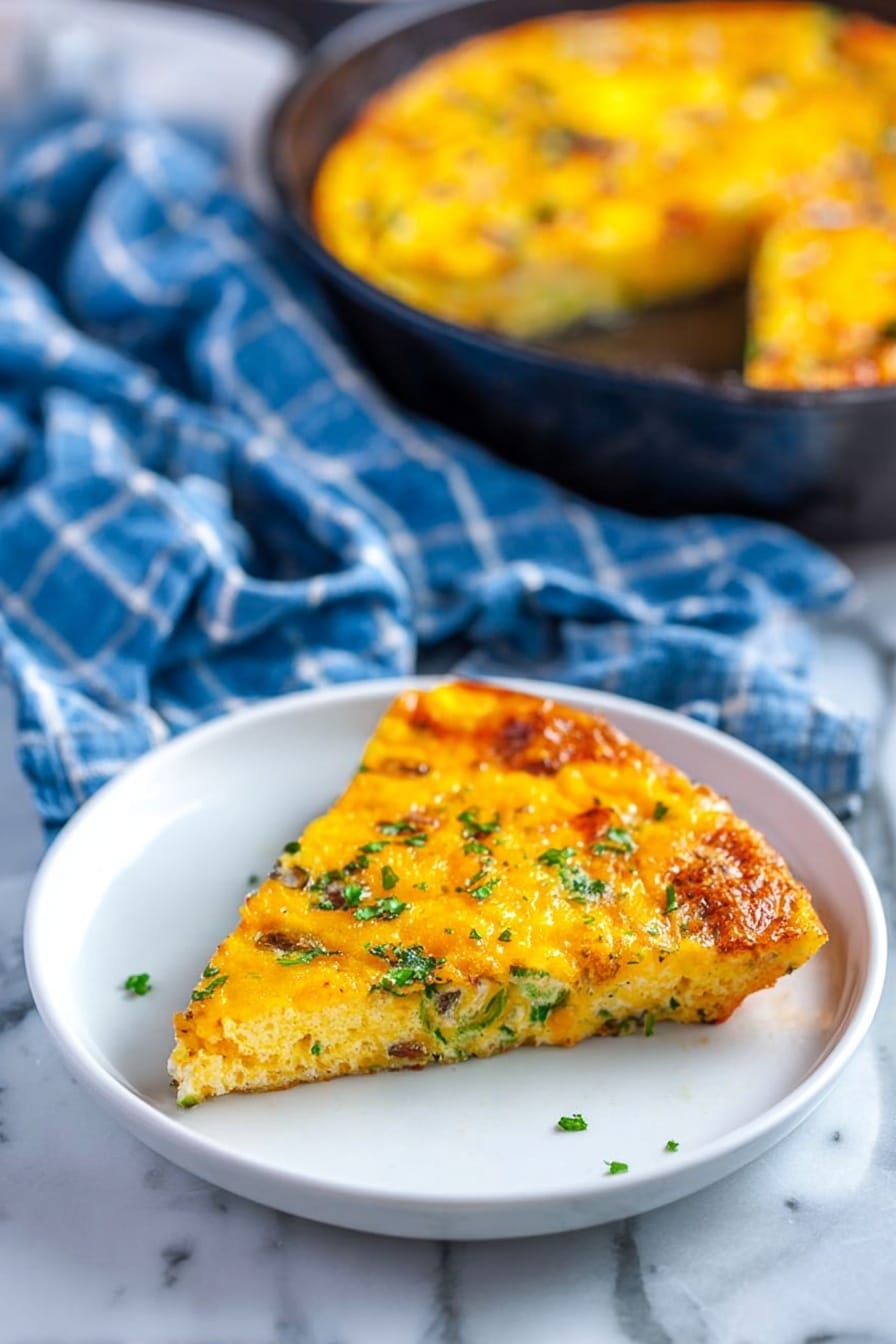 A white plate holds a triangular slice of a yellow and orange baked dish, likely a frittata, with small green herb pieces sprinkled on top and mixed inside. The slice shows a slightly browned, bubbly cheese layer on top with a soft, eggy texture beneath, dotted with green vegetables or herbs throughout. In the background, a black skillet contains the rest of the round dish with one slice missing, sitting on a white marbled surface next to a crumpled blue and white checkered cloth. Photo taken with an iphone --ar 2:3 --v 7