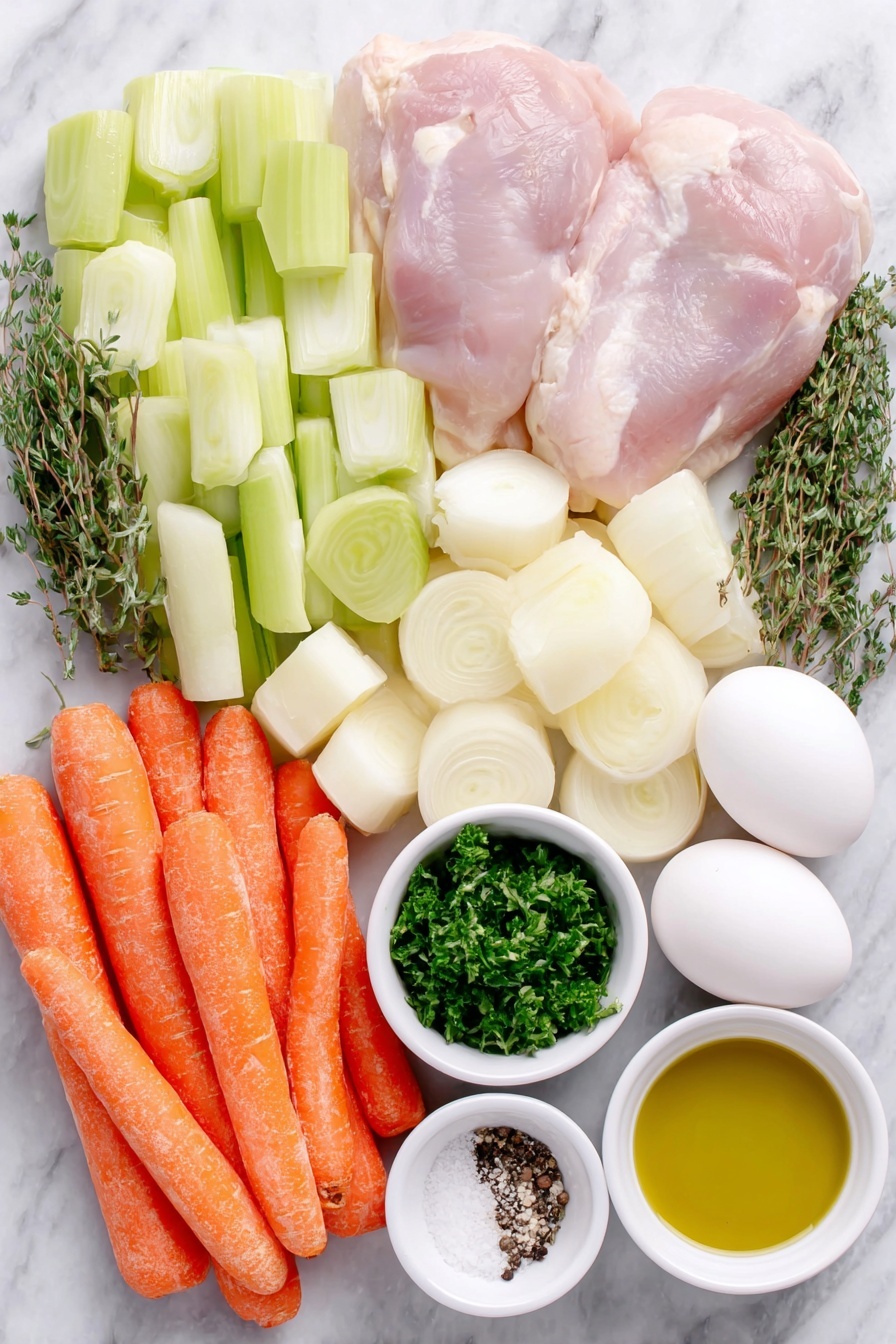 Flat lay of peeled and sliced bright orange carrots, peeled and sliced pale beige parsnips, sliced fresh green celery ribs, diced translucent white onion, halved and sliced light green leek, whole uncracked brown eggs, four whole garlic cloves with papery skins, two raw boneless skinless chicken breasts with natural texture, sprigs of fresh green thyme, sprigs of fresh green tarragon, a single fresh green bay leaf, roughly chopped vibrant green parsley in a small white ceramic bowl, extra virgin olive oil in a small white ceramic bowl, kosher salt in a small white ceramic bowl, freshly ground black pepper in a small white ceramic bowl, all ingredients arranged with perfect symmetry on a clean white marble surface, soft natural light, photo taken with an iPhone, professional food photography style, fresh ingredients, white ceramic bowls, no bottles, no duplicates, no utensils, no packaging --ar 2:3 --v 7 --p m7354615311229779997