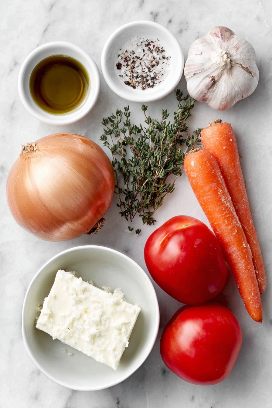 Flat lay of extra-virgin olive oil in a small white ceramic bowl, unsalted butter as a rectangular pat, two medium yellow onions whole and unpeeled, one celery rib whole and fresh, one medium carrot whole with bright orange color, six whole garlic cloves unpeeled, a small white bowl with dried thyme, a small white bowl with kosher salt crystals, a small white bowl with ground black pepper, two whole peeled San Marzano tomatoes with vibrant red color arranged whole but uncut, and a small white ceramic bowl filled with chicken broth, placed on a clean white marble surface, soft natural light, photo taken with an iPhone, professional food photography style, fresh ingredients, white ceramic bowls, no bottles, no duplicates, no utensils, no packaging --ar 2:3 --v 7 --p m7354615311229779997