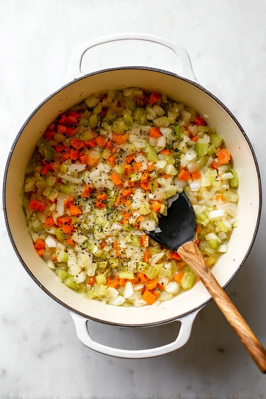 A white pot filled with a smooth, bright orange soup, topped with small green herb sprigs and black pepper bits scattered on the surface. A silver spoon is partially dipped into the soup, stirring slightly, showing the soup's thick but smooth texture. The pot sits on a white marbled surface with a black and white striped cloth nearby. In the soft-focus background, there is a glass bottle with yellow oil and a glass container with milk. photo taken with an iphone --ar 2:3 --v 7