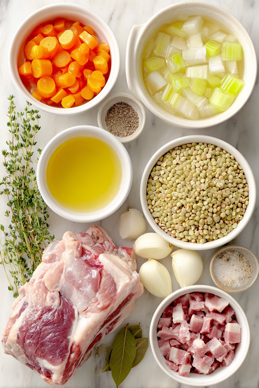 Flat lay of a small white ceramic bowl of extra-virgin olive oil, a medium peeled onion halved, three peeled and diced bright orange carrots, three crisp ribs of celery diced, two peeled garlic cloves whole, a small white ceramic bowl of dried pale green split peas, a small white ceramic bowl of dried thyme, a small white ceramic bowl of kosher salt, a small white ceramic bowl of freshly ground black pepper, a single fresh bay leaf, a meaty ham bone with some pink ham attached, a small white ceramic bowl of low-sodium chicken broth, a small white ceramic bowl of water, a small pile of diced pink ham, and a small pile of finely chopped fresh green parsley placed on a clean white marble surface, soft natural light, photo taken with an iPhone, professional food photography style, fresh ingredients, white ceramic bowls, no bottles, no duplicates, no utensils, no packaging --ar 2:3 --v 7 --p m7354615311229779997