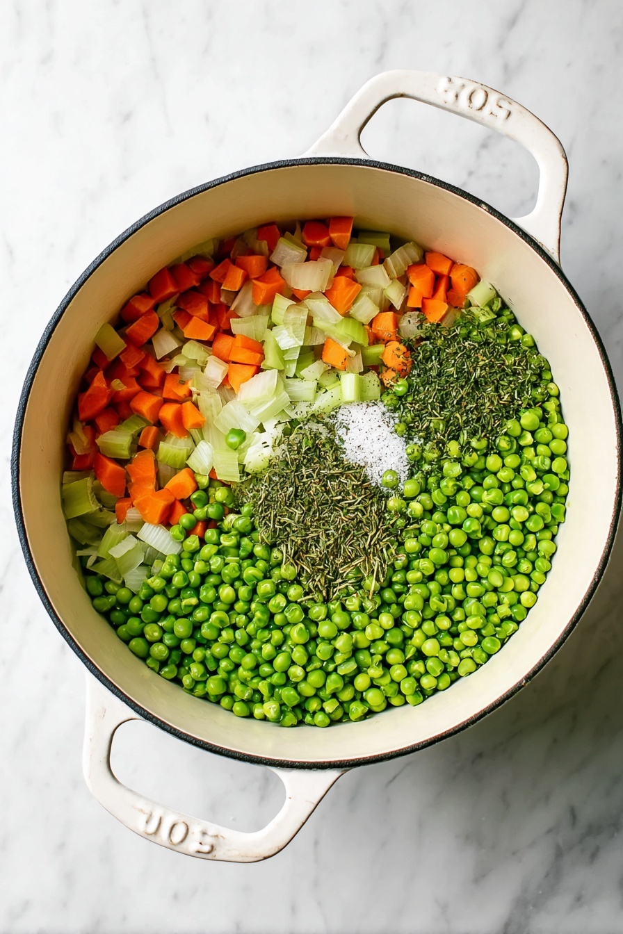 A large white pot with two handles is filled with green pea soup that has a thick, smooth texture with small chunks of orange carrots and light-colored pieces of chicken mixed in. A silver ladle is dipped into the soup on the right side, partially lifting some soup. In the background, there are fresh green parsley sprigs and a white bowl with some silverware resting inside. Around the pot, there are small white bowls, one filled with coarse black pepper and another with chopped green herbs, all placed on a white marbled surface. photo taken with an iphone --ar 2:3 --v 7