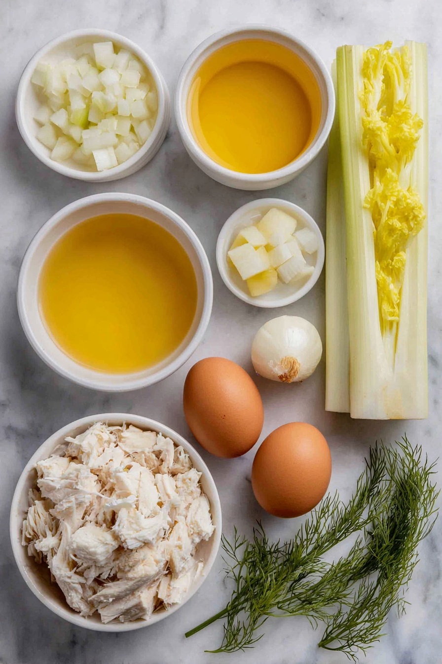 Flat lay of extra-virgin olive oil in a small white ceramic bowl, a small white onion whole and diced pieces arranged neatly, two fresh celery ribs with chopped pieces beside them, four cups of golden chicken broth in a simple white ceramic bowl, two large uncracked brown eggs, a small white bowl of freshly squeezed pale yellow lemon juice, a small mound of cooked white rice, shredded white chicken meat arranged in a small pile, and fresh sprigs of green dill laid out symmetrically, all placed on a clean white marble surface, soft natural light, photo taken with an iPhone, professional food photography style, fresh ingredients, white ceramic bowls, no bottles, no duplicates, no utensils, no packaging --ar 2:3 --v 7 --p m7354615311229779997