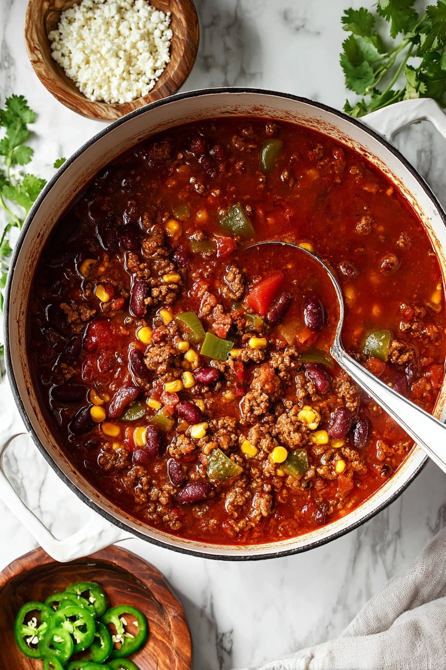 The image shows two white bowls filled with a colorful chili soup, placed on a white marbled surface. Each bowl contains a rich reddish-brown soup base with visible layers of ground meat, kidney beans, black beans, corn kernels, diced tomatoes, and chunks of green bell pepper and onion. On top, there are layers of diced green avocado, white crumbled cheese, bright green cilantro leaves, and thin slices of green jalapeño peppers. A spoon is inside the top bowl, resting on the chili, and a wooden dish with extra sliced jalapeños is visible to the left. Fresh cilantro sprigs are scattered around the scene. photo taken with an iphone --ar 2:3 --v 7