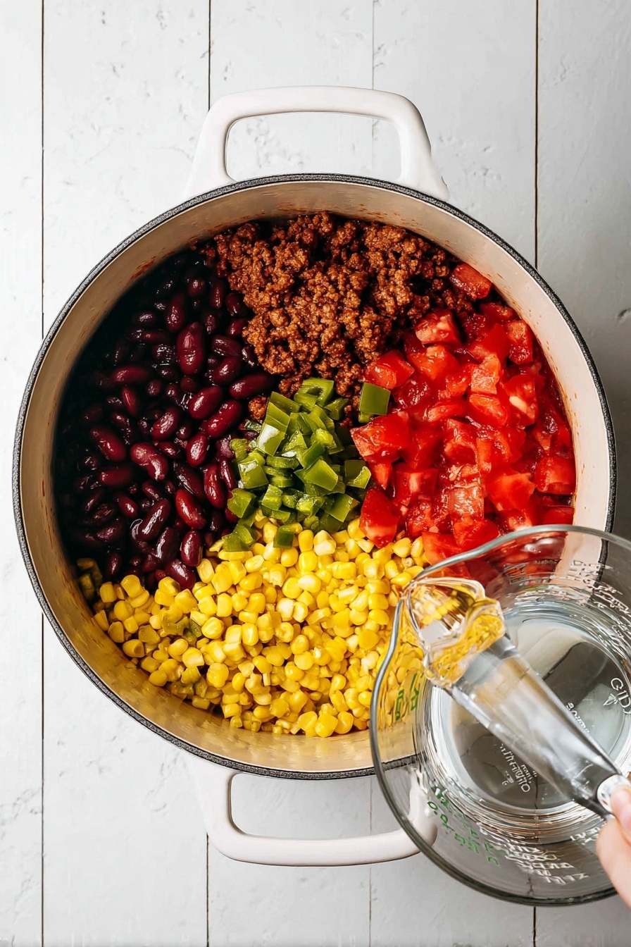 A white pot filled with five colorful layers arranged separately inside: dark brown cooked ground meat and green chopped peppers form the base layer around the pot's edges, above which black beans cover the left top side, dark red kidney beans cover the top right side, bright red diced tomatoes cover the left middle, yellow corn covers the bottom right, and green chopped peppers with some seeds sit in the middle on top. A clear measuring cup held by a woman's hand is pouring water into the pot. The pot is placed on a white marbled surface. photo taken with an iphone --ar 2:3 --v 7