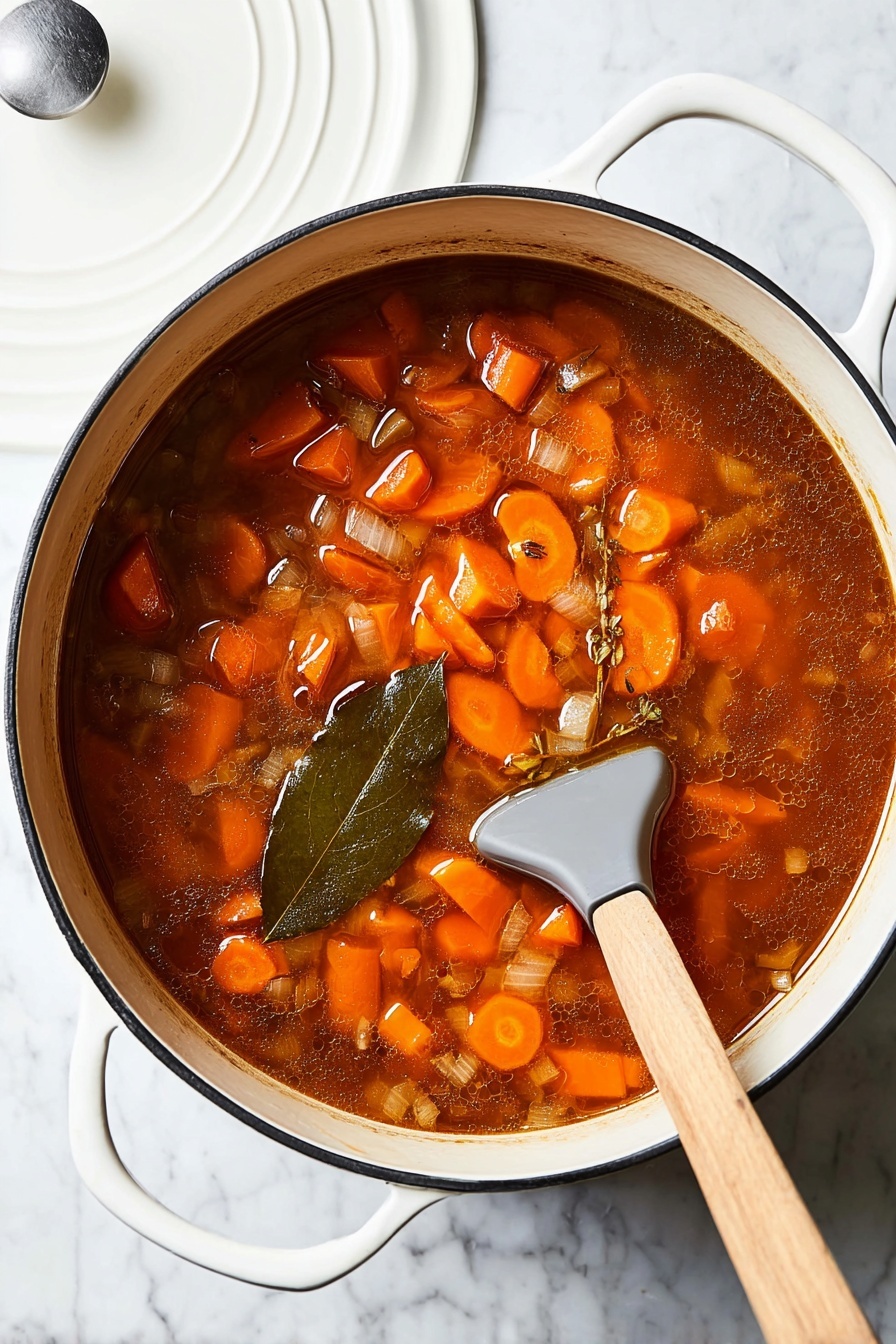 In the white pot, there is a rich brown broth filled with chunky orange carrot slices and small pieces of translucent onion floating on the surface. A large dark green bay leaf rests near the center, partially submerged in the broth. A light wooden spoon with a gray silicone head is placed in the pot, angled diagonally from the bottom right toward the center. The pot is set on a white marbled surface, with the white lid sitting nearby on the top left. The scene is bright and clear, showing the warm colors and textures of the stew, photo taken with an iphone --ar 2:3 --v 7