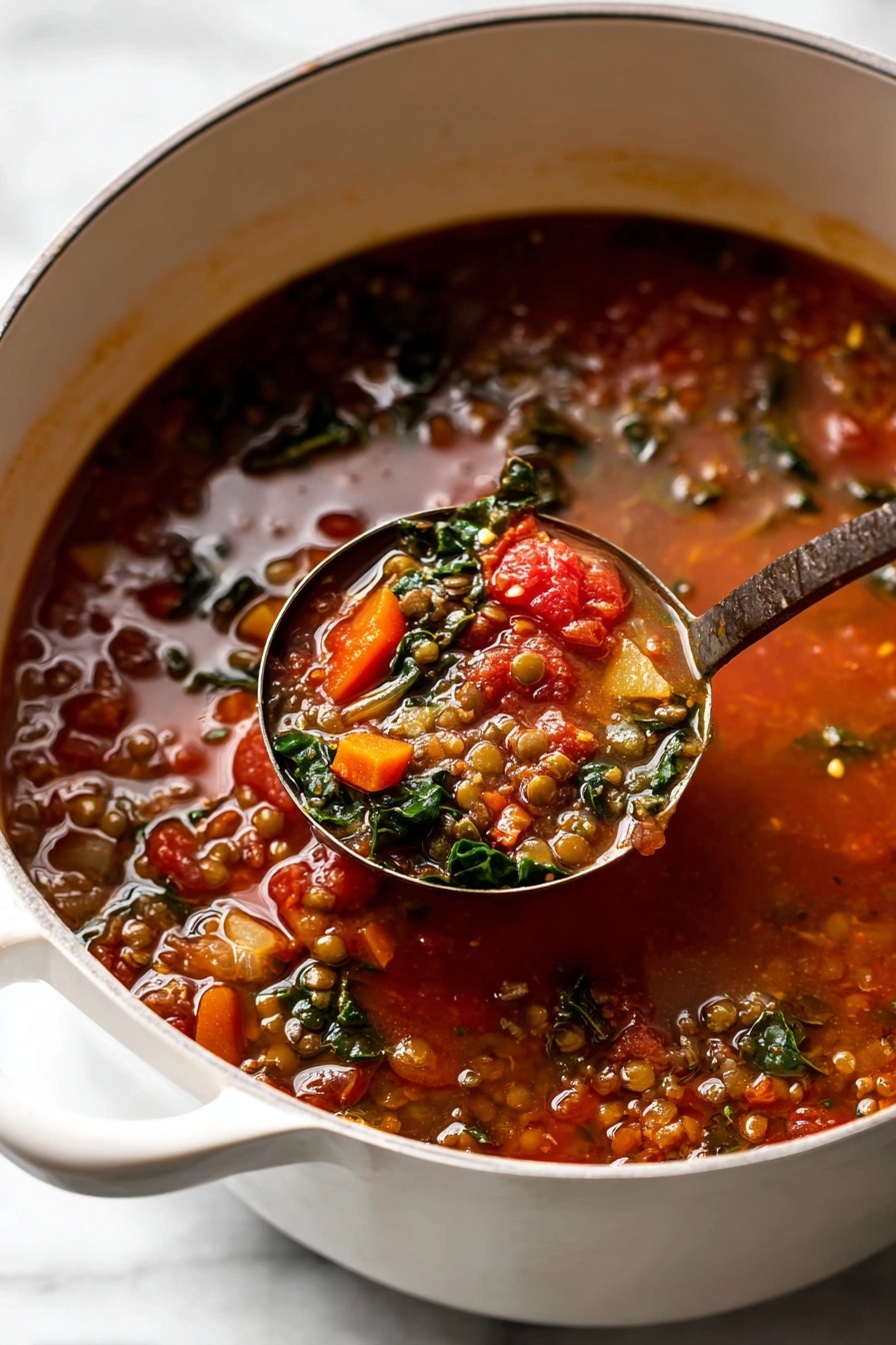The image shows two white bowls filled with thick vegetable soup placed on a white marbled surface. Each bowl has a rich, warm brown soup base with visible orange carrot chunks, green spinach leaves, red tomato pieces, and small bits of other vegetables and grains. One bowl has a metal spoon inside, resting diagonally with the spoon part dipped into the soup. The soup has a textured look with small seeds or spices sprinkled on top. The scene includes a part of a white cloth on the lower left side and a white pan with more soup on the upper right, complete with a metal spoon resting in it. The whole setting is bright and clean, showing fresh ingredients and a hearty meal photo taken with an iphone --ar 2:3 --v 7