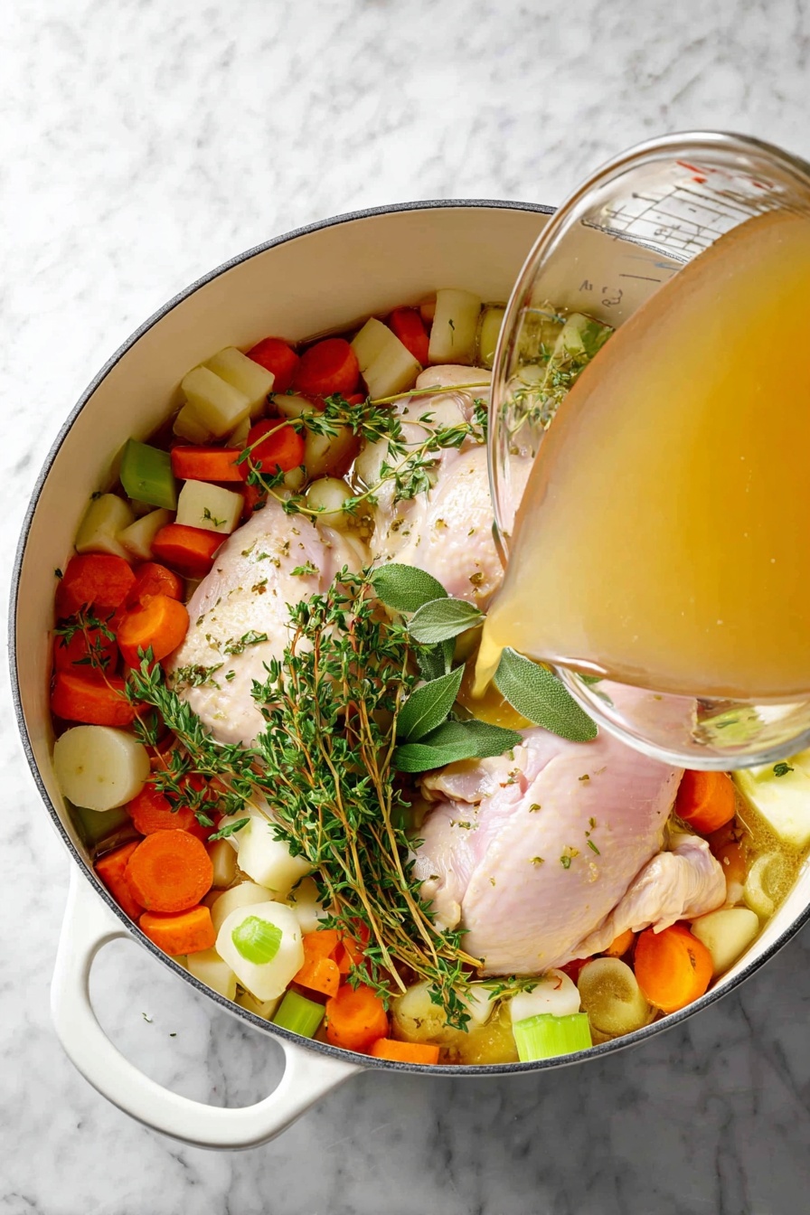 A white pot sits on a white marbled surface filled with two raw pale pink chicken pieces resting on a mix of chopped orange carrots, white parsnips, and green celery pieces. Fresh green herbs, including thyme and tarragon, lay across the chicken. On the right, golden broth is being poured from a clear measuring cup into the pot, adding a warm liquid layer over the vegetables and chicken. The scene shows the start of cooking with fresh and colorful ingredients. Photo taken with an iphone --ar 2:3 --v 7