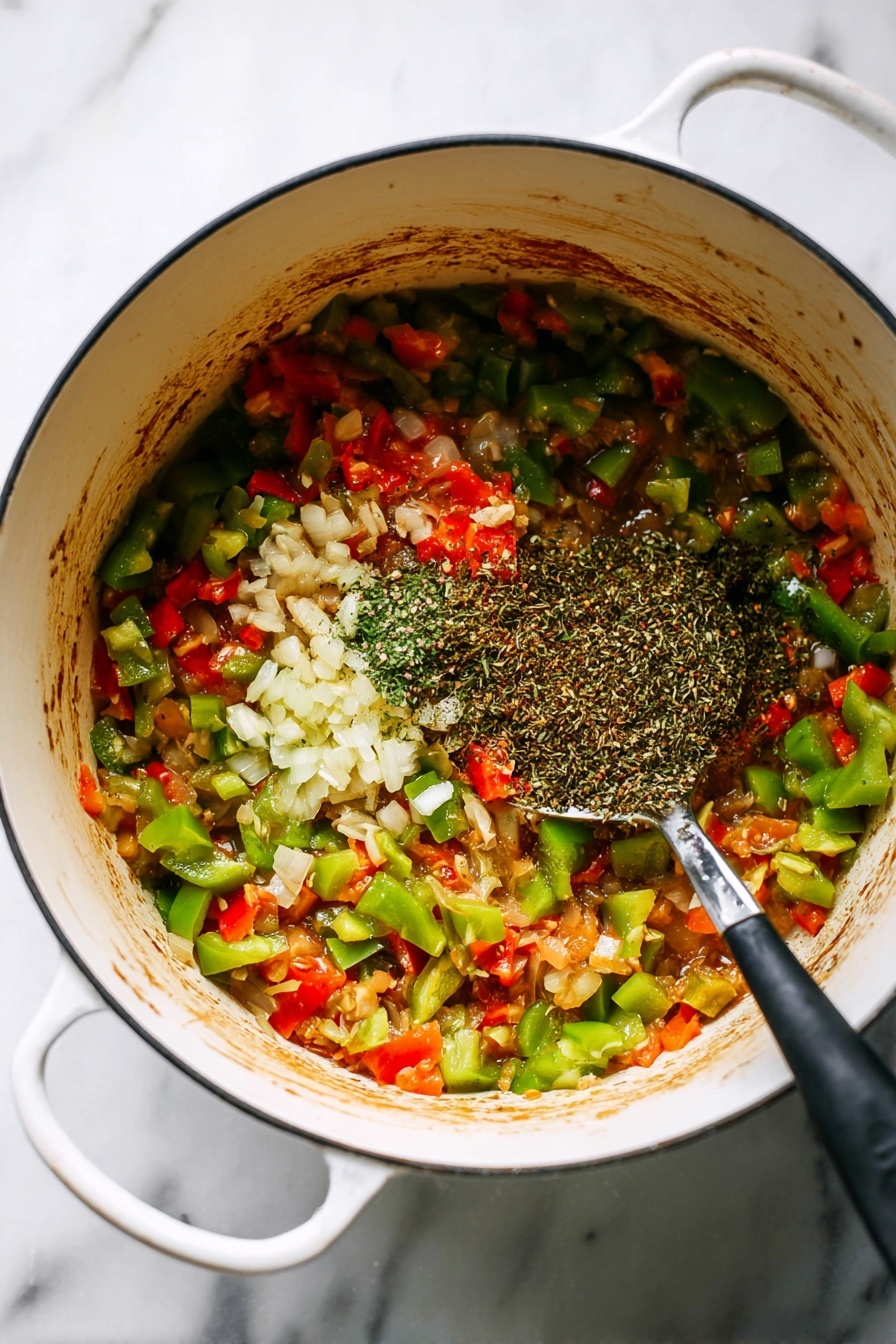 A white pot filled with diced green and red bell peppers, chopped onions, and minced garlic in the middle, with dried herbs piled on one side. The vegetables show a mix of bright green, red, and translucent white colors, and the inside of the pot has brown cooked marks around the edges. A black spoon with a silver handle rests inside the pot, stirring the ingredients. The pot is set on a white marbled surface photo taken with an iphone --ar 2:3 --v 7