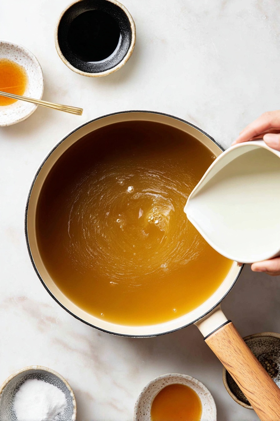 A white pan with a wooden handle holds a golden-yellow soup filled with soft, swirling egg ribbons that create a textured, cloudy layer. A silver ladle scoops some soup from the middle, showing the soup's semi-clear broth with dense, fluffy egg swirling inside. To the side, a small white bowl contains bright green sliced scallions with some crisp texture visible. The pan and bowl sit on a white marbled surface, with part of the scene featuring stacked white plates and silver forks near the top. photo taken with an iphone --ar 2:3 --v 7