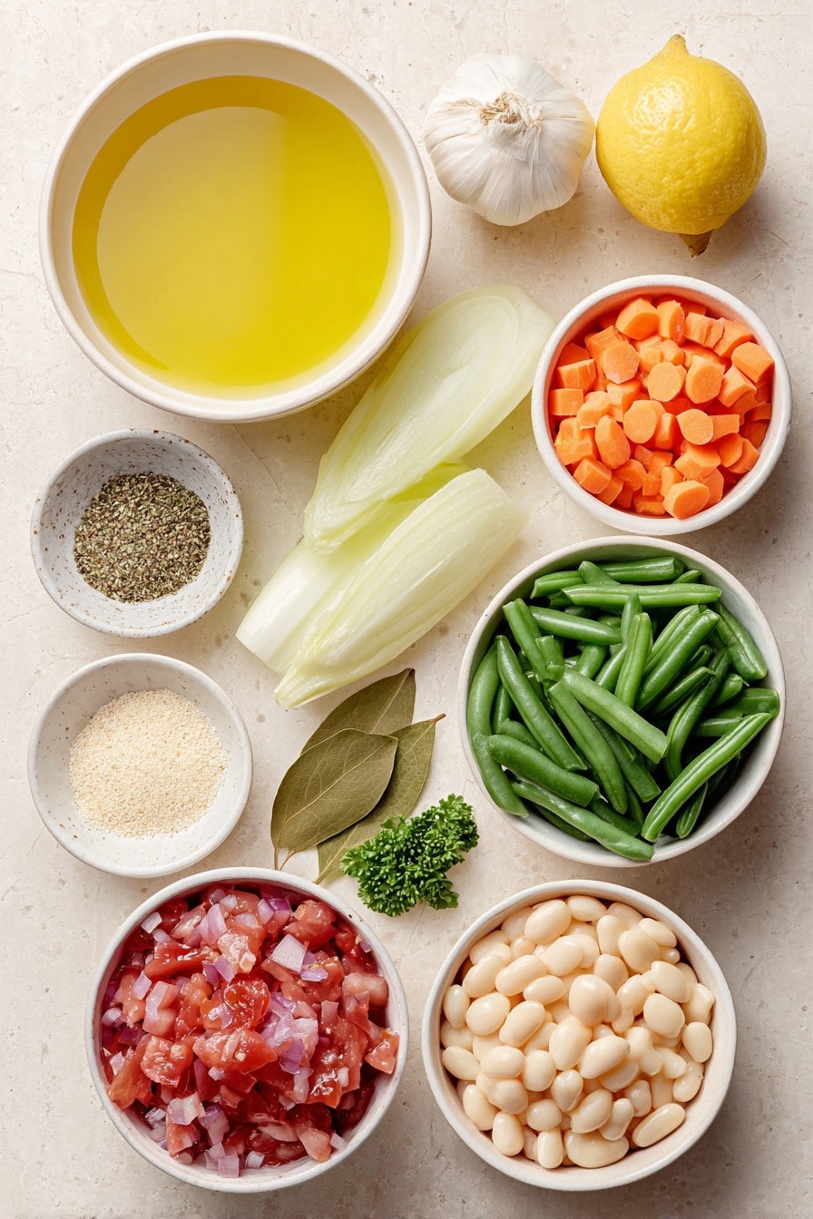 Flat lay of a small white ceramic bowl of extra-virgin olive oil, a medium yellow onion whole and diced next to it, two peeled and sliced medium carrots, two celery ribs sliced, four whole uncracked garlic cloves, a small white ceramic bowl with mixed Italian seasoning, a small white ceramic bowl of kosher salt, a small white ceramic bowl of ground black pepper, a simple white ceramic dish holding fresh diced tomatoes, a white ceramic bowl filled with rinsed cannellini beans, a pile of chopped green beans, a small mound of diced sweet potato chunks, two dried bay leaves, a small white ceramic bowl with vegetable broth, a quartered and sliced medium zucchini, a small pile of baby spinach leaves, a small white ceramic bowl with fresh lemon juice, and a small heap of chopped fresh parsley placed on a clean white marble surface, soft natural light, photo taken with an iPhone, professional food photography style, fresh ingredients, white ceramic bowls, no bottles, no duplicates, no utensils, no packaging --ar 2:3 --v 7 --p m7354615311229779997