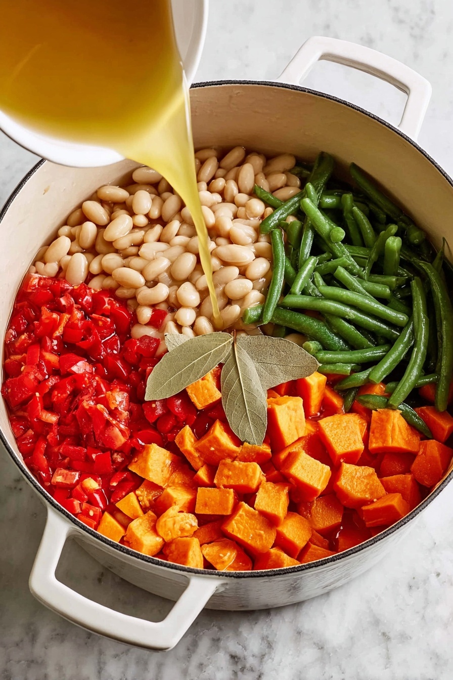 A large white pot filled with colorful vegetable soup showing layers of diced orange carrots, green zucchini, white beans, green beans, chopped tomatoes, and dark green spinach floating in a clear broth with chopped parsley sprinkled on top; a silver ladle scoops a mix of these vegetables, resting inside the pot near the handle, which is held by a woman's hand; surrounding the pot are scattered white shredded cheese in white bowls, a halved lemon, a small white bowl full of chopped green herbs, and a white cloth with black stripes, all placed on a white marbled surface; the overall look is fresh and vibrant with a warm and inviting feel, photo taken with an iphone --ar 2:3 --v 7