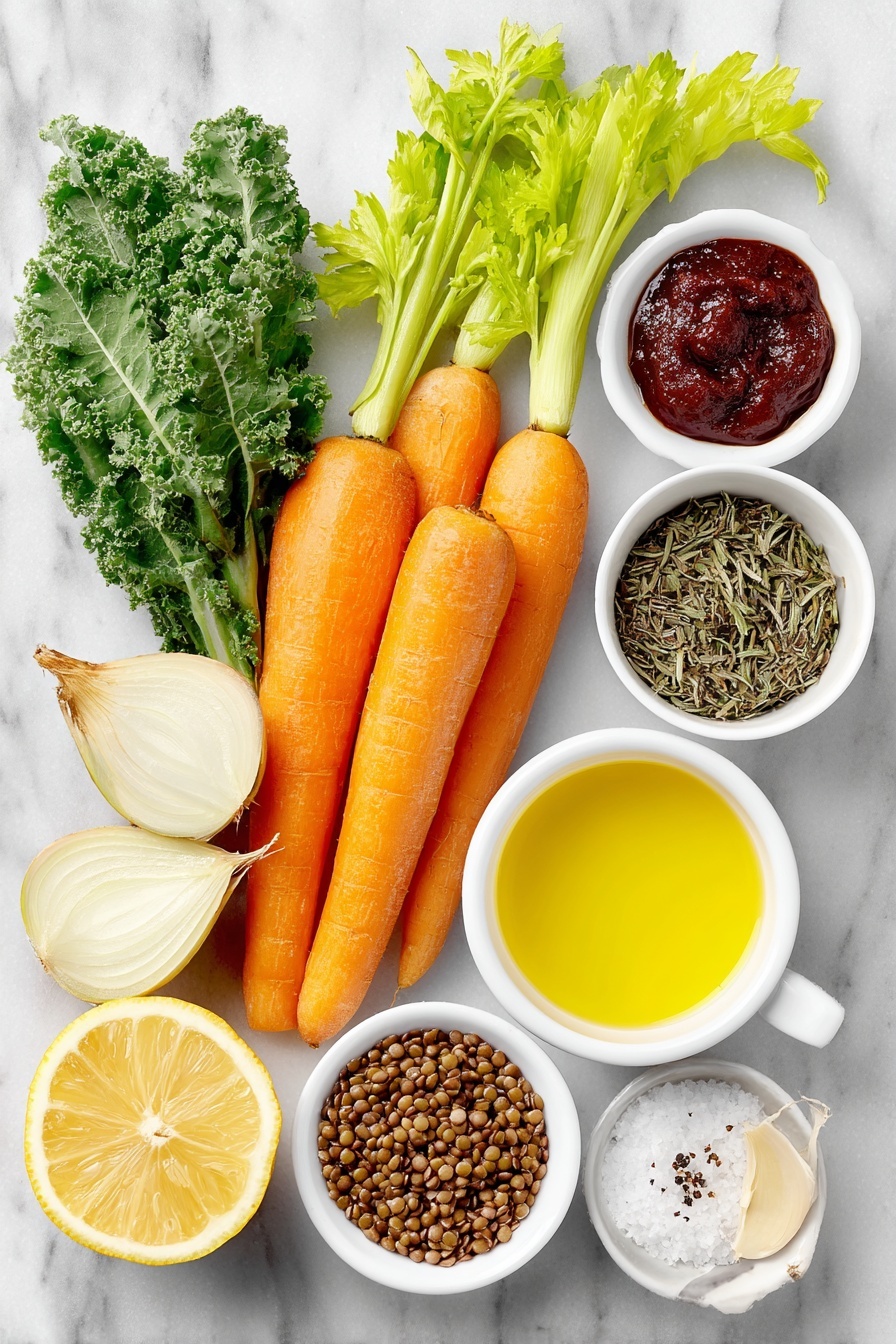 Flat lay of a small white ceramic bowl filled with golden extra virgin olive oil, a medium fresh yellow onion cut in half showing its layers, two bright orange whole carrots, two pale green celery ribs whole, a small white ceramic bowl containing rich red tomato paste, three whole garlic bulbs with a few cloves peeled, a small white ceramic bowl with warm brown cumin powder, a small white ceramic bowl with mixed dried green oregano, basil, and thyme leaves, a small white ceramic bowl of coarse kosher salt crystals, a small white ceramic bowl of freshly ground black pepper, a white ceramic bowl with vibrant red fire-roasted diced tomatoes, a small white ceramic bowl of green lentils, three fresh dark green kale leaves, and a whole bright yellow lemon with a clean cut half to show the interior, placed on a clean white marble surface, soft natural light, photo taken with an iPhone, professional food photography style, fresh ingredients, white ceramic bowls, no bottles, no duplicates, no utensils, no packaging --ar 2:3 --v 7 --p m7354615311229779997