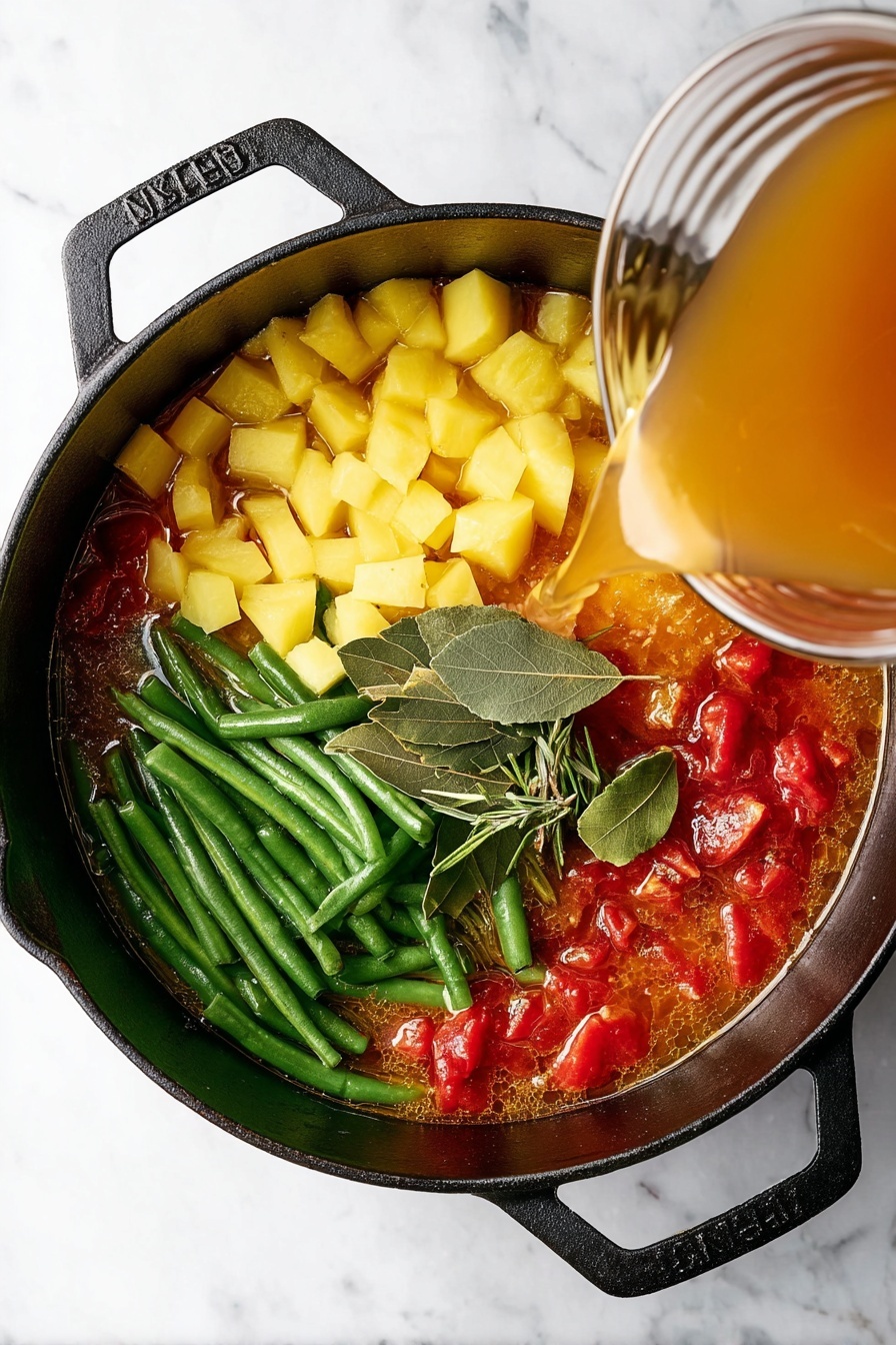 A large black pot filled with a vegetable soup showing colorful layers of diced red tomatoes, orange carrot slices, green beans, yellow corn, green peas, and white potato chunks in a reddish broth sprinkled with chopped green herbs. A silver ladle rests inside the pot, partially submerged. The pot sits on a white marbled surface with scattered green herb pieces around it. Nearby, a white plate holds chopped green herbs, and a wooden board with fresh green parsley leaves is visible. Two silver spoons lie inside an empty white bowl next to the pot. A gray and white striped cloth is underneath the pot handle. Photo taken with an iphone --ar 2:3 --v 7