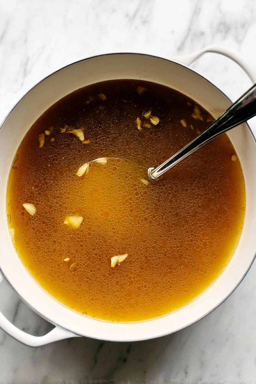 The image shows a white pot filled with thick creamy soup that has shredded pieces of meat and small green vegetable bits mixed throughout. A metal spoon is holding a scoop of the hearty soup above the pot, showing the dense texture and chunks of meat and vegetables clearly. The pot is placed on a white marbled surface. A woman's hand with manicured nails is visible holding the spoon. photo taken with an iphone --ar 2:3 --v 7