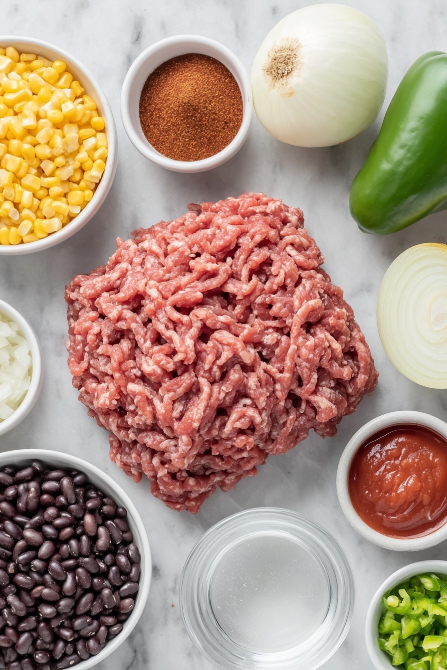 Flat lay of a mound of fresh raw ground beef, a halved large onion with white interior and papery skin, a whole green bell pepper with glossy skin, a small white ceramic bowl of deep red tomato paste, a small white ceramic bowl of rich reddish-brown taco seasoning powder, a small white ceramic bowl of shiny black beans, a small white ceramic bowl of dark red kidney beans, a small white ceramic bowl of bright yellow sweet corn kernels, a small white ceramic bowl of diced ripe red tomatoes, a small white ceramic bowl of diced green chilies, and a small white ceramic bowl of clear water, placed on a clean white marble surface, soft natural light, photo taken with an iPhone, professional food photography style, fresh ingredients, white ceramic bowls, no bottles, no duplicates, no utensils, no packaging --ar 2:3 --v 7 --p m7354615311229779997
