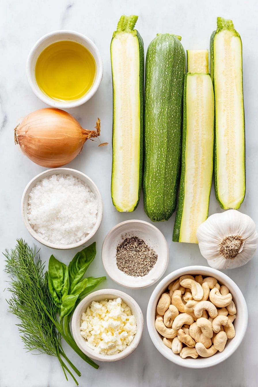 Flat lay of a small white ceramic bowl filled with golden olive oil, a whole small yellow onion with outer skin intact, two whole uncracked garlic bulbs with papery skins, four fresh medium zucchini sliced lengthwise showing pale green flesh and seeds, a small white ceramic bowl containing raw cashew nuts, a small white ceramic bowl of coarse kosher salt crystals, a smaller white ceramic bowl holding ground black pepper, a small white ceramic bowl with fresh lemon juice glistening, and a small bunch of mixed fresh herbs including dill, basil, and parsley with vibrant green leaves, all arranged in perfect symmetry on a clean white marble surface, soft natural light, photo taken with an iPhone, professional food photography style, fresh ingredients, white ceramic bowls, no bottles, no duplicates, no utensils, no packaging --ar 2:3 --v 7 --p m7354615311229779997