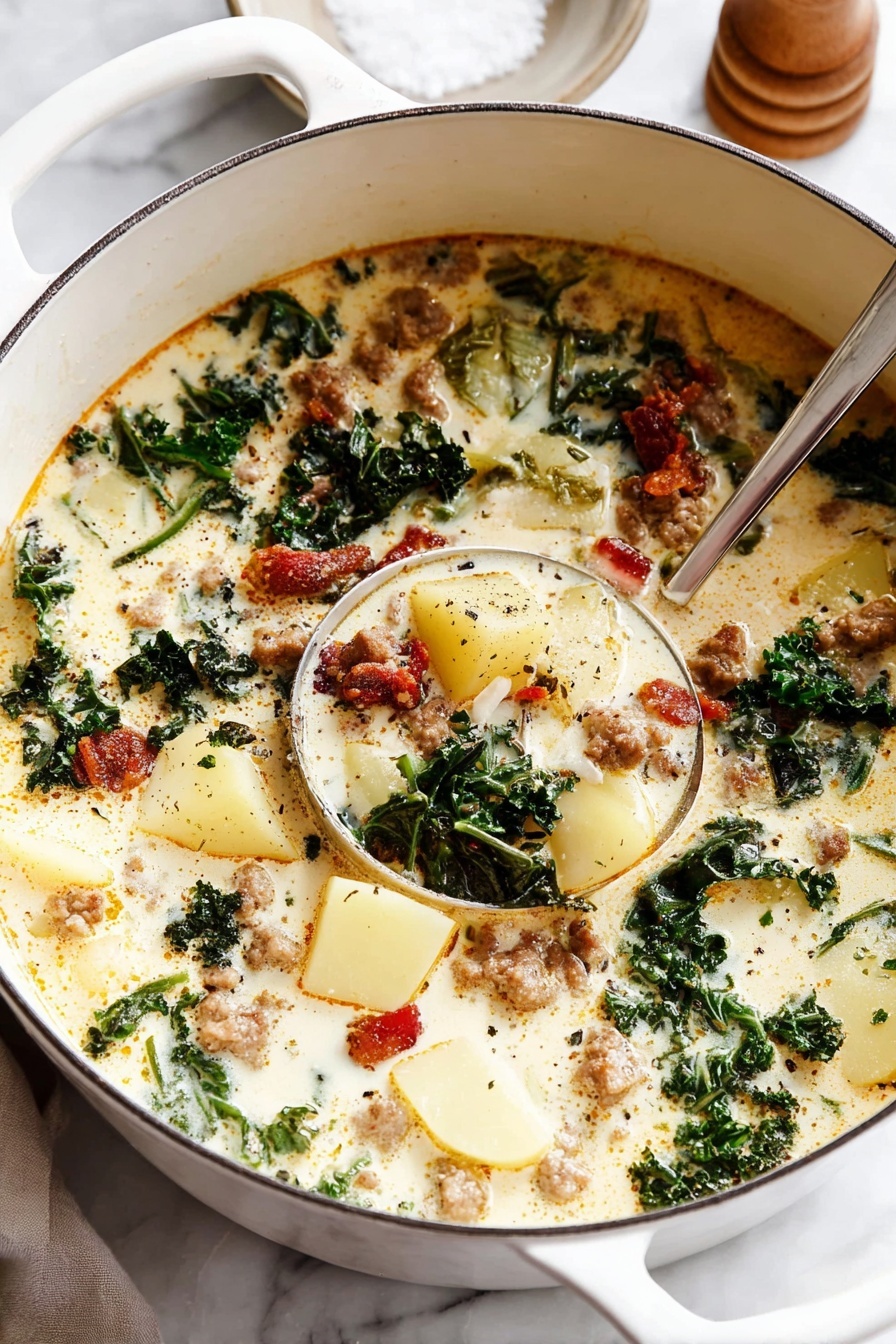 A white bowl is filled with creamy soup that has several layers of ingredients. The base layer is a light beige creamy broth with small spots of orange oil on the surface. Floating in the broth are dark green leafy kale pieces, chunks of light yellow potato, browned sausage pieces, and small crispy pieces of bacon that are reddish-brown. A silver spoon is partially resting inside the soup on the right side of the bowl. The bowl sits on a white marbled surface with a glass of water and lemon slice at the top left corner. Photo taken with an iphone --ar 2:3 --v 7