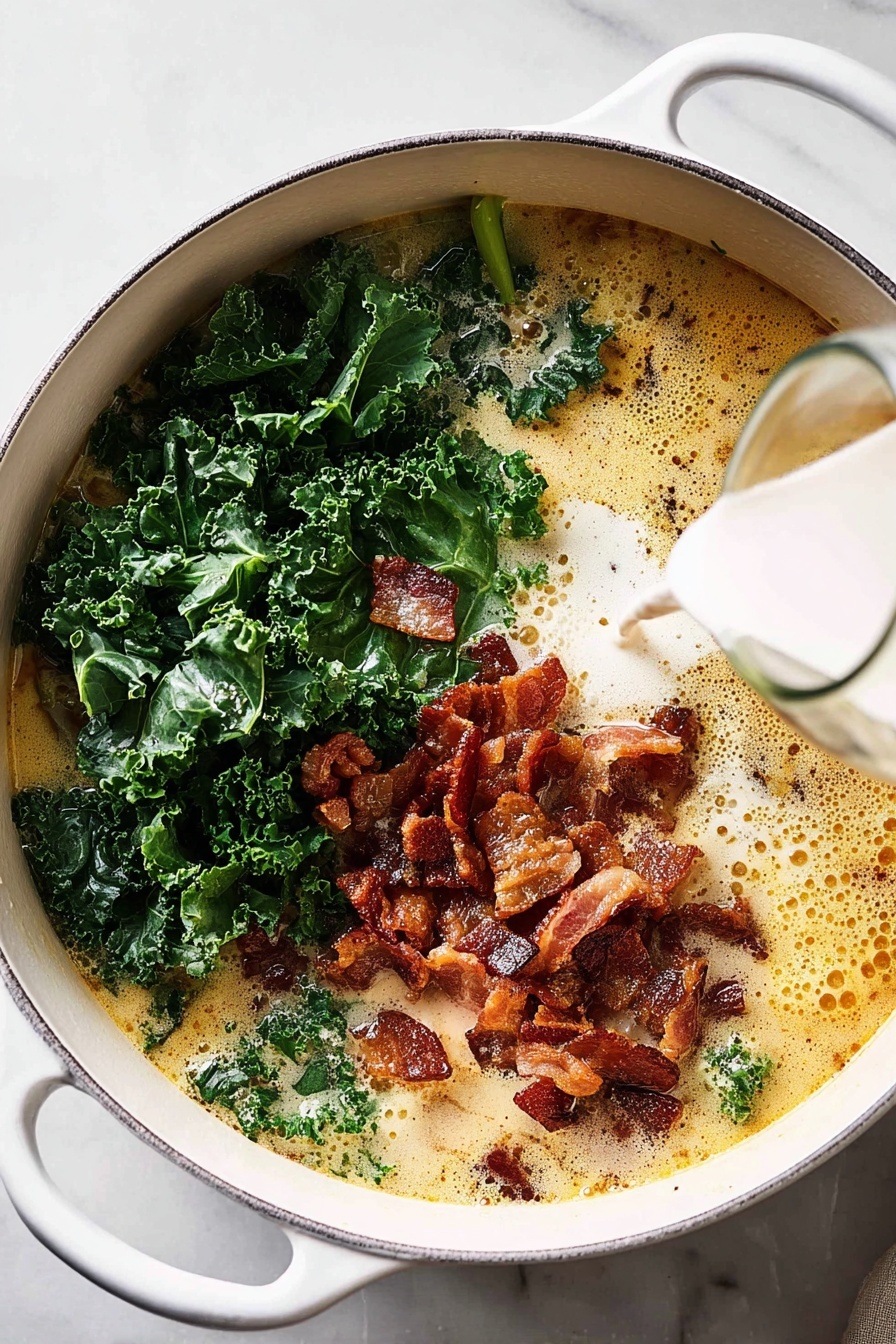 The image shows a white pot filled with creamy soup. The soup has four main layers: a thick creamy light beige broth as the base with a smooth texture; chunks of pale yellow potatoes scattered throughout; dark green leafy kale pieces floating on top; and browned crumbled sausage and crisp bacon pieces mixed in, adding texture and color contrast. A silver ladle inside the pot scoops some of the soup, showing all the ingredients in one spoonful. The pot is placed on a white marbled surface, with a small white bowl of salt and a wooden pepper grinder in the background. photo taken with an iphone --ar 2:3 --v 7