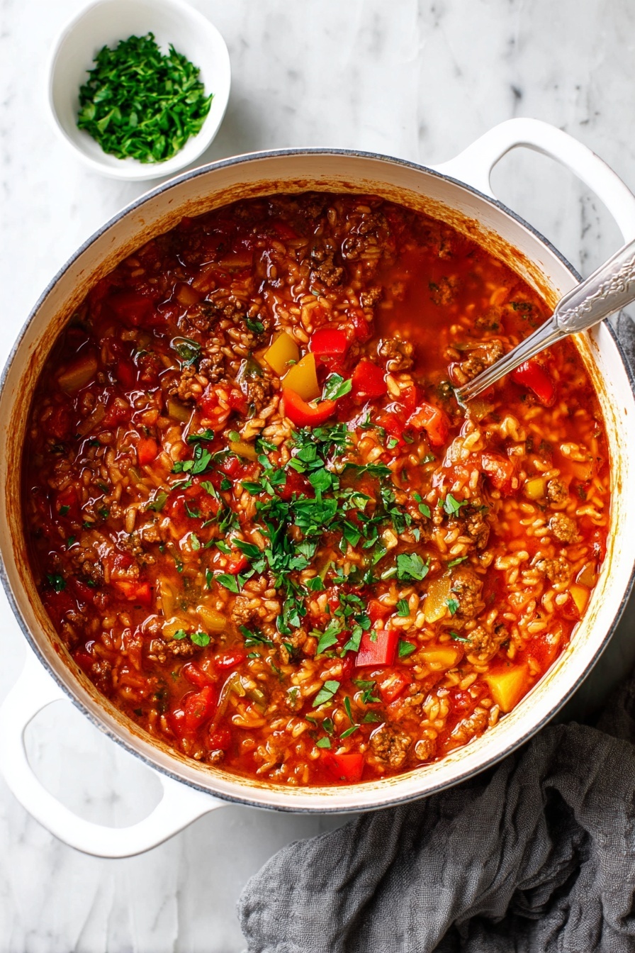 The image shows a bowl filled with a thick stew that has three main layers: a base of red tomato sauce, small grains of white rice mixed throughout, and chunks of cooked ground meat along with chopped red and green bell peppers and onions, all topped with small green herb pieces. The bowl is white and is placed on a white marbled surface with a gray cloth nearby. A silver spoon is sitting inside the bowl, partially submerged in the stew. In the background, more white bowls with the same stew and a white bowl of chopped green herbs can be seen. Photo taken with an iphone --ar 2:3 --v 7