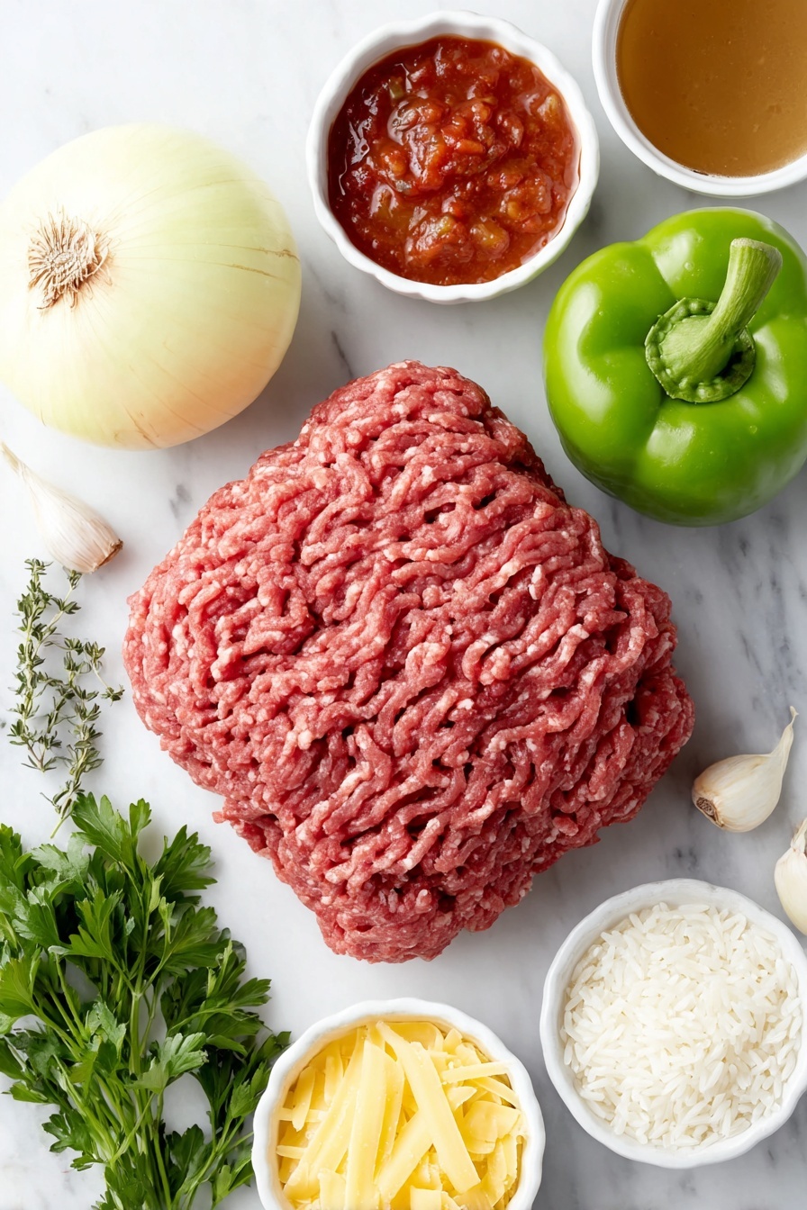 Flat lay of a mound of fresh lean ground beef, a small yellow onion cut in half showing its layers, one whole red bell pepper and one whole green bell pepper, four unpeeled garlic cloves, a few dried basil leaves, dried oregano sprigs, and dried thyme sprigs arranged neatly, two small white ceramic bowls—one filled with fire-roasted diced tomatoes, the other with smooth tomato sauce, a small white bowl containing rich beef broth, a small white bowl with cooked white rice grains, a small bunch of roughly chopped fresh parsley, and a few shavings of pale yellow parmesan placed on a simple white ceramic plate, all items balanced and perfectly symmetrical, placed on a clean white marble surface, soft natural light, photo taken with an iPhone, professional food photography style, fresh ingredients, white ceramic bowls, no bottles, no duplicates, no utensils, no packaging --ar 2:3 --v 7 --p m7354615311229779997