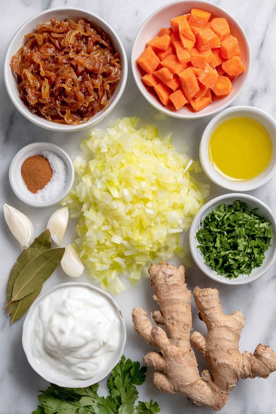 Flat lay of a medium yellow onion peeled and diced, three whole garlic cloves with smooth white skins, a small pile of fresh ginger root with a few slices cut, peeled and chopped bright orange carrots, a fresh green bay leaf, a small white bowl of golden avocado oil, a small white bowl with ground cinnamon powder, a small white bowl of coarse sea salt, a small white bowl filled with translucent orange crispy shallots, a small white bowl of toasted pine nuts, fresh vibrant green cilantro sprigs, and a small white bowl of thick white coconut cream, all arranged symmetrically on a clean white marble surface, soft natural light, photo taken with an iPhone, professional food photography style, fresh ingredients, white ceramic bowls, no bottles, no duplicates, no utensils, no packaging --ar 2:3 --v 7 --p m7354615311229779997