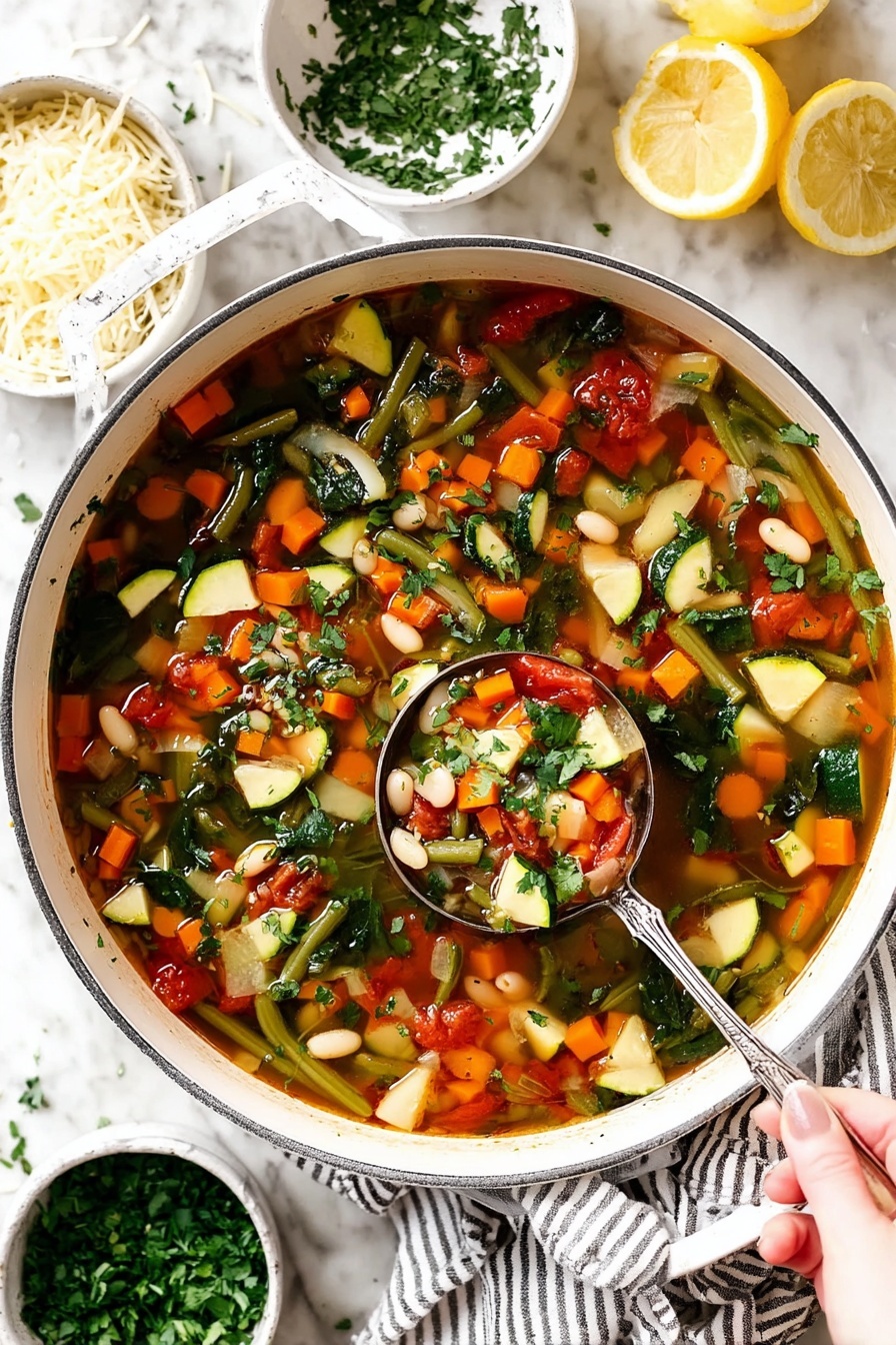 A white bowl filled with a colorful vegetable soup showing about three layers: the clear light brown broth at the bottom, mixed with chopped vegetables like green beans, orange carrots, green zucchini, leafy spinach, red tomatoes, and white beans layered throughout. On top, there's a thin layer of shredded pale yellow cheese sprinkled unevenly. A silver spoon sits inside the bowl, resting on the edge. The bowl is placed on a white marbled surface with a white bowl of shredded cheese, a small bowl of chopped green herbs, and a striped white and black cloth napkin nearby. Photo taken with an iphone --ar 2:3 --v 7