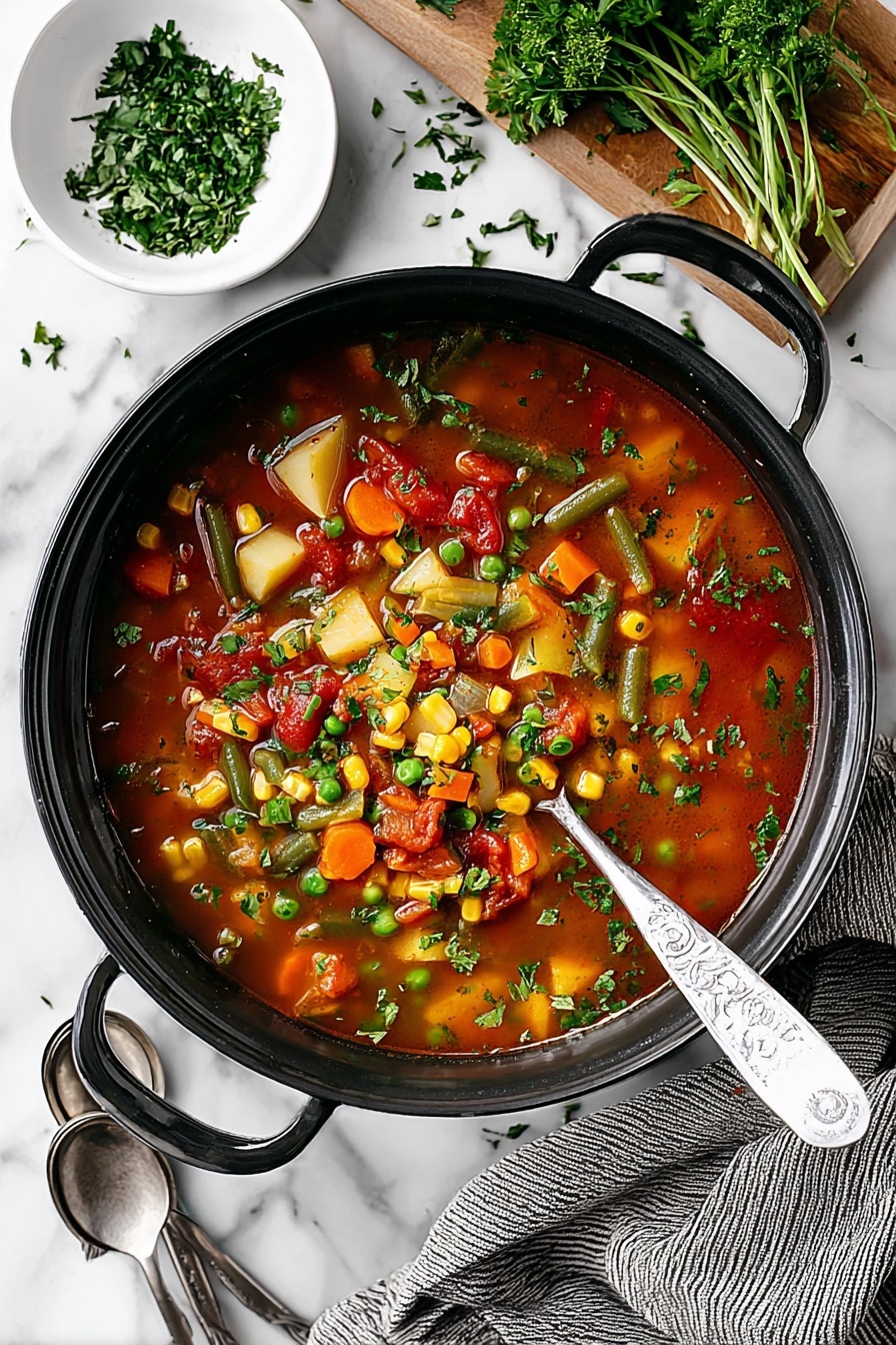 A white bowl filled with clear tomato-based vegetable soup, showing layers of diced orange carrots, green beans, yellow corn, green peas, red tomato chunks, white potato cubes, and small pieces of celery, all floating in the broth with chopped green herbs sprinkled on top. A silver spoon rests partially inside the bowl, leaning on the right edge. The bowl is placed on a white marbled surface with fresh green parsley visible at the top left corner. Another white bowl with similar soup is partially visible to the top right, and a third bowl with just the edge showing is at the bottom center of the image, photo taken with an iphone --ar 2:3 --v 7