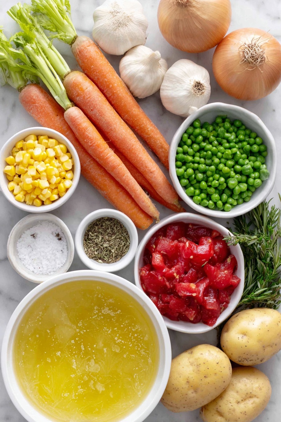 Flat lay of extra virgin olive oil in a small white ceramic bowl, a medium yellow onion whole and unpeeled, four fresh orange carrots with green tops, three fresh celery ribs, four garlic bulbs whole with loose cloves, a small white ceramic bowl filled with mixed dried Italian seasoning herbs, kosher salt crystals artfully scattered beside a small white ceramic bowl, a small white ceramic bowl holding freshly ground black pepper, three whole Yukon gold potatoes with smooth skins, a small white ceramic bowl of chopped fresh green beans, two small white ceramic bowls filled with diced ripe red tomatoes, two fresh bay leaves, a large white ceramic bowl of clear golden vegetable broth, a small white ceramic bowl of vibrant yellow fresh corn kernels, a small white ceramic bowl of fresh green peas, a small white ceramic bowl of pale yellow fresh lemon juice, and a small white ceramic bowl holding bright green chopped fresh parsley— all ingredients fresh and natural, arranged in perfect symmetry and balanced proportions, placed on a clean white marble surface, soft natural light, photo taken with an iPhone, professional food photography style, fresh ingredients, white ceramic bowls, no bottles, no duplicates, no utensils, no packaging --ar 2:3 --v 7 --p m7354615311229779997